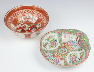 A 19th Century Canton famille rose porcelain shaped dish with panels of figural decoration 26cm, together with a circular Canton bowl decorated figures, base monogrammed 23cm 