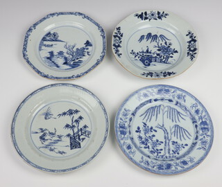 An 18th Century blue and white Chinese hexagonal shaped plate decorated buildings 22cm (chip to base), 3 other 18th Century blue and white plates 