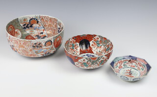 A circular Japanese Imari bowl 24cm (unmarked) and 1 other with wavy border 19cm, octagonal ditto decorated a stylised dragon 