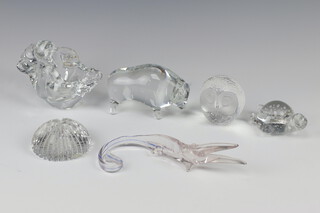 A Matts Jonasson Swedish glass paperweight in the form of an owl 7cm, an Irish domed Heritage Glass paperweight 9cm, a glass figure of a standing bull (back leg etched RK33230.LO) 12cm, a glass bowl in the form of a monkey 10cm, a glass turtle 10cm and a glass figure of a crocodile 20cm 