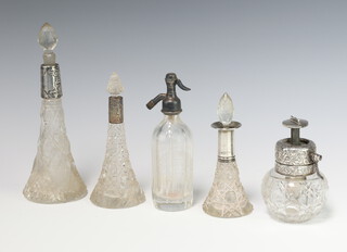 A cut glass Sterling mounted atomiser 15cm, 5 other mounted bottles 