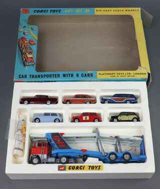 A Corgi Gift set no 48 Car Transporter with six cars comprising 1138 Carrimore car transporter; 252 Rover 2000; 251 Hillman Imp; 440 Ford Consul Cortina; 249 Morris Mini Cooper DeLuxe; 321 Mini Cooper S and a 226 Morris Mini-Minor, boxed with polystyrene fitting, instructions and 16 cones 