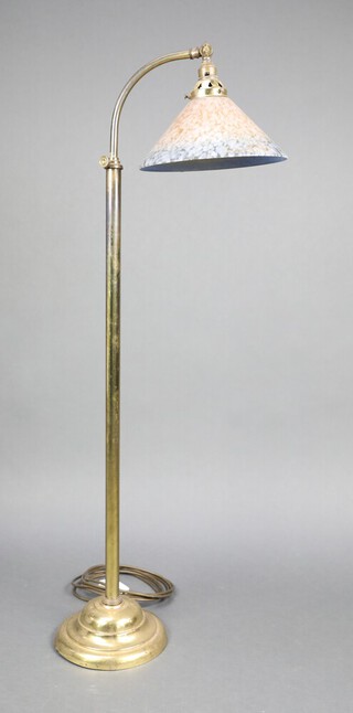An Edwardian style adjustable gilt metal standard lamp with opaque glass shade raised on a circular base 103cm h x 21cm diam. 