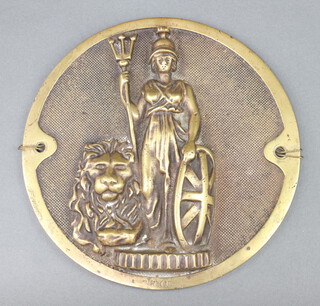 A circular cast brass plaque decorated a figure of Britannia and lion 22cm 