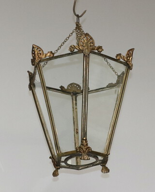 A Georgian style gilt metal hall lantern with glass panels to the sides 31cm x 33cm 