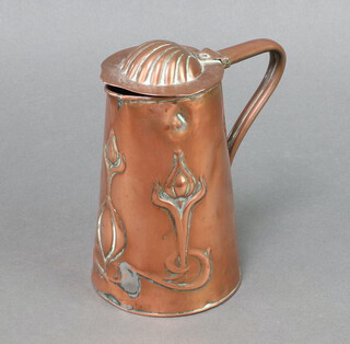 Joseph Sankey & Sons, an embossed cylindrical waisted copper jug with shell and floral decoration, the base marked 1/2 JS & S 099 L 16cm x 9cm 