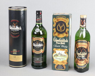 A litre bottle of Glenfiddich Special Reserve 12 year old Single Malt Whisky boxed, together with a 75cl bottle of Glenfiddich Pure Malt Whisky boxed 