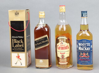 A litre bottle of Johnnie Walker Black Label Extra Special Old Scotch Whisky boxed, a litre of William Grants Fine Old Scotch Whisky and a 70cl bottle of Whyte and MacKay Old Scotch Whisky  