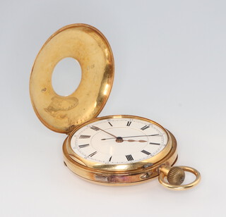 An Edwardian 18ct yellow gold half hunter pocket watch chronograph, the movement engraved James Graham Carrickfergus, numbered 26139, contained in a 50mm case, the cover has an engraved armorial, the interior dust cover has an engraved inscription, gross weight 117.4 grams  