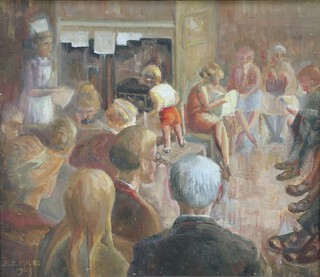 E. J. Miles, 1963, impressionist oil painting on board "The Waiting Room" standing nurse and figures 40cm x 47cm 
