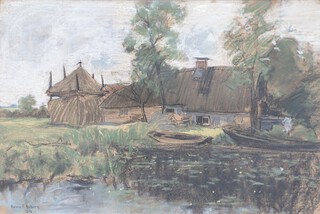 Bren F Eilers, 1904, gouache drawing, boathouse, river and moored boats 25cm x 37cm 