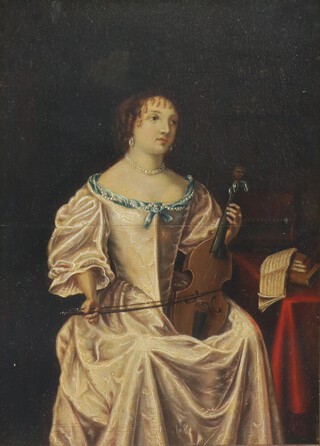 After Gabriel Metsu, oil on board unsigned, portrait of a lady playing a viola 26cm x 18cm, label on verso 