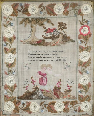 E Aspinwall, a William IV wool and stumpwork sampler with floral border, the centre decorated a house, motto and 2 figures, signed and dated 1831, contained in a rosewood frame 47cm x 38cm  