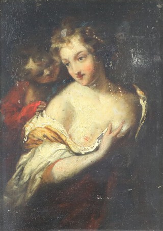A Continental oil on metal panel unsigned, study of a semi-clad lady with child 15cm x 10cm, contained in a decorative gilt frame 