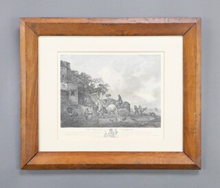 J F Dauthemare, two 19th Century monochrome prints "Returning From Market and 1 "The Village Farrier" 31cm x 37cm, contained in oak frames, both have light marks to the back 
