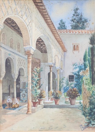 F Fernandez, watercolour, Persian courtyard with seated figures, signed to bottom right hand corner, contained in a gilt frame 32cm x 24cm  