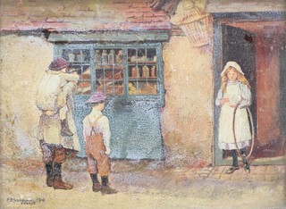 F. B. Radburn 1918, First World War oil on card, study of children standing before a shop window, signed and dated 1918 France, 13cm x 18cm, contained in a mahogany frame (possibly from an aircraft propellor)  