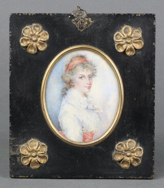 18th Century watercolour  miniature of a lady wearing a white silk dress with a red silk sash, oval 10cm x 8cm, contained in a gilt metal mounted ebonised frame with label on verso Andrew Plimer 1763-1837 with non transferable standard ivory exemption declaration number 3HPFSEH7