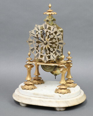 A Victorian single fusee wire driven skeleton clock, the 15cm pierced steel dial with Roman numerals contained in a gilt metal case, raised on oval marble base, complete with pendulum and key 39cm h x 30cm w x 23cm d 
