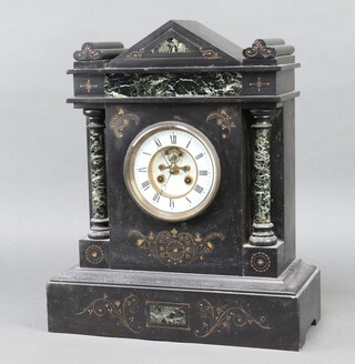 Japy Frere, a French 19th Century 8 day striking mantel clock, the 14cm enamelled dial with Roman numerals and visible escapement, contained in a 2 colour marble case 46cm h x 38cm w x 16cm d (with associated key)  
