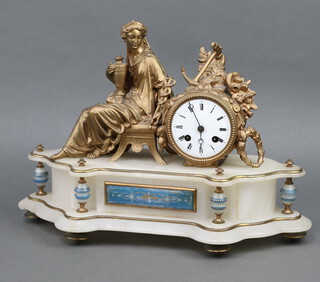 A French 8 day striking on bell mantel clock with 8cm dial, Roman numerals the back plate marked LLL366, contained in a gilt painted spelter case surmounted by a figure of a seated lady depicting the arts, the alabaster base of serpentine outline, 31cm h x 42cm w x 12cm d 