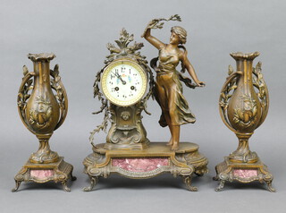 A French Art Nouveau clock garniture set comprising 8 day striking mantel clock with 9cm enamelled dial, Arabic numerals contained in a pink marble and spelter case supported by a figure of a standing lady 41cm x 30cm x 16cm, together with a pair of spelter twin handled urns raised on rectangular bases 32cm x 13cm x 10cm, complete with pendulum and key  