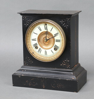 Ansonia, an American 19th Century 8 day striking clock, the 11cm enamelled dial with Roman numerals contained in an iron case 26cm x 24cm x 12cm, complete with pendulum and key 