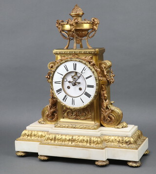 John Hall of Paris, a large and impressive French 19th Century 8 day striking on bell mantel clock, the 18cm enamelled dial with Roman numerals contained in a gilt ormolu and white marble case surmounted by a lidded urn, the back plate marked John Hall Paris 658, 61cm h x 51cm w x 21cm d   