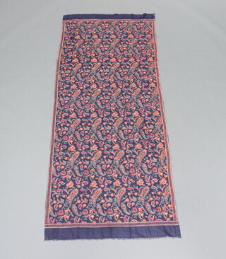 A blue and orange ground paisley patterned fabric panel/shawl 227cm x 90cm 