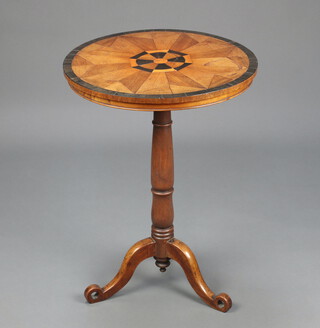 A 19th Century circular inlaid parquetry wine table raised on pillar and tripod base 71cm h x 52cm diam. 