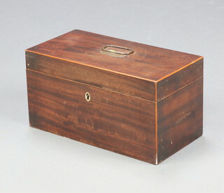 A 19th Century rectangular inlaid mahogany twin compartment tea caddy fitted an associated mixing/sugar bowl (f) 15cm h x 30cm w x 15cm d 