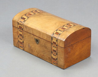 A Victorian inlaid bleached mahogany arch shaped trinket box with brass escutcheon, the interior fitted 2 compartments with lids  11cm h x 12cm w x 11cm d  
