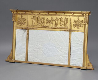 A 19th Century rectangular bevelled triple plate over mantel mirror contained in a gilt frame with ball decoration decorated dancing figures and lyres 70cm h x 122cm w x 7cm d 