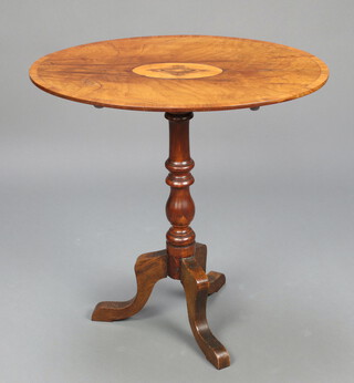 A Victorian oval inlaid mahogany and crossbanded snap top wine table, raised on turned column and tripod base 70cm h x 70cm w x 50cm d 