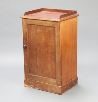 A 19th Century bleached mahogany pot cupboard enclosed by a panelled door, the raised back with 3/4 gallery, raised on a platform base 79cm h x 38cm w x 36cm d 