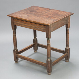 A 19th Century oak side table fitted a drawer raised on turned supports with boxed framed stretcher 71cm h x 69cm w x 55cm d 