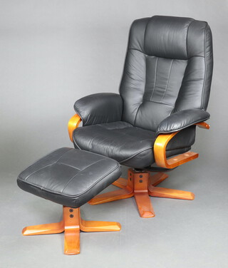 A Stressless style reclining revolving armchair together with matching footstool upholstered in black leather finished material 94cm h x 75cm w x 50cm d  