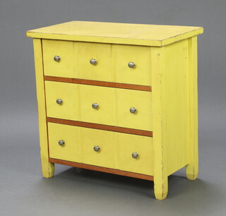 A yellow painted hardwood chest of 3 drawers 66cm h 