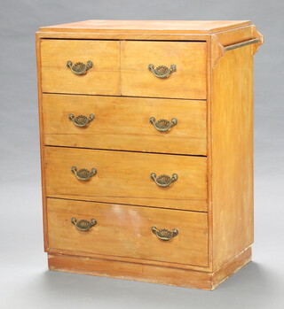 A 19th Century pine chest of 2 short and 3 long drawers with brass drop handles, one side with towel rail, raised on a platform base 102cm h x 81cm w x 45cm d 