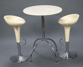 A chrome and cream veined marble effect pedestal table 94cm h x 69cm together with a pair of chrome and moulded plastic adjustable stools 77cm x 44cm 