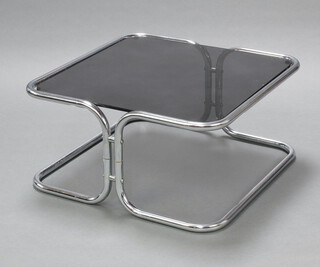 A stylish square chrome and black plate glass coffee table 34cm h x 69cm  