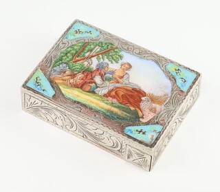 An early 20th Century 800 standard enamelled compact with retractable lipstick holder, the enamelled cover decorated with a fete gallant scene, the base with engraved scroll decoration stamped 800, 112 grams, 7cm  