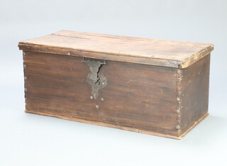 An 18th/19th Century Continental pine coffer with hinged lid, iron drop handles and iron lock 50cm h x 122cm w x 56cm d 