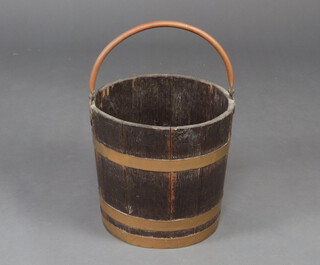 A circular oak coopered bucket with copper swing handle 34cm x 36cm 