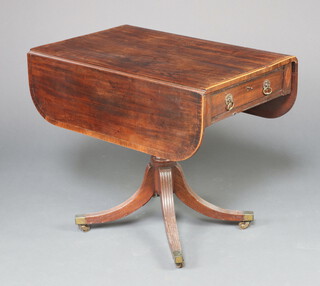 A 19th Century crossbanded mahogany pedestal Pembroke table fitted a frieze drawer, raised on turned column and tripod base, brass caps and casters 72cm h x 84cm w x 51cm d