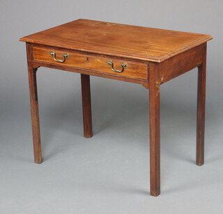 A 19th Century  inlaid mahogany side table fitted a drawer with brass swan neck drop handles, raised on square supports 70cm h x 86cm w x 51cm d 