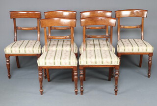 A set of 6 19th Century mahogany bar back dining chairs with carved mid rails and overstuffed seats, raised on turned supports 84cm h x 46cm w x 42cm d 