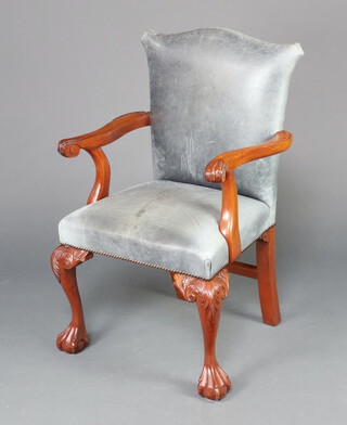 A Georgian style carved mahogany open arm library chair, the seat and back upholstered in blue leather, raised on cabriole supports 98cm h x 56cm w x 46cm d (seat 23cm x 30cm)  