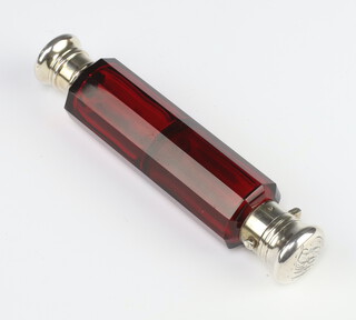 A Victorian style red glass double ended scent with plated mounts 14cm 