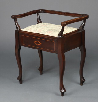 An Edwardian inlaid mahogany box seat piano stool with hinged lid, raised on cabriole supports 66cm h x 61cm w x 35cm d 